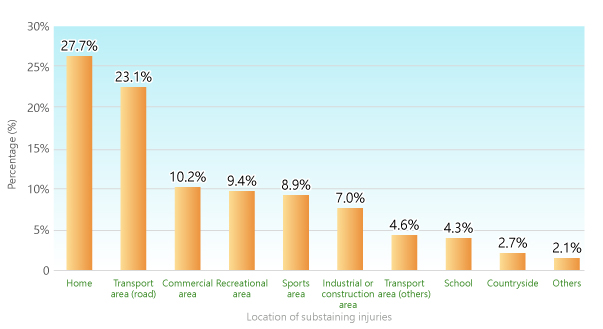 Among all injuries, 27.7% occurred at home; 23.1% occurred in transport area (road); 10.2% occurred in commercial area; 9.4% occurred in recreational area; 8.9% occurred in sports area; 7.0% occurred in industrial or construction area; 4.6% occurred in transport area (others); 4.3% occurred in school; 2.7% occurred in countryside and 2.1% occurred in other locations.