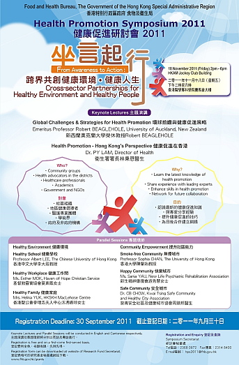 A picture showing a poster promoting the Health Promotion Symposium 2011 entitled 'From Awareness to Action: Cross-sector Partnerships for Healthy Environment and Healthy People'.