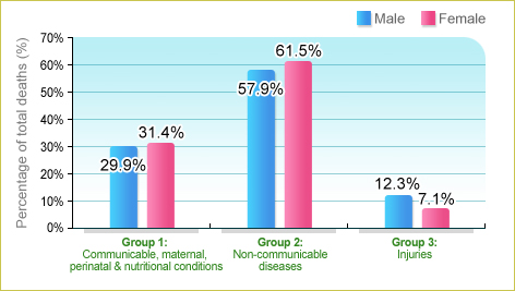 Group 1 diseases, that include communicable, maternal, perinatal & nutritional conditions, accounted for 29.9% and 31.4% of all causes of death for male and female respectively. Group 2 diseases, that include non-communicable diseases, accounted for 57.9% and 61.5% of all causes of death for male and female respectively. Group 3 diseases, that include injuries, accounted for 12.3% and 7.1% of all causes of death for male and female respectively.