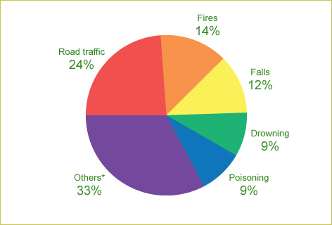 Globally, among all causes of unintentional injury deaths, 24% were due to road traffic injuries, 14% were due to fires, 12% were due to falls, 9% were due to drowning, 9% were due to poisoning, 33% were due to other causes.