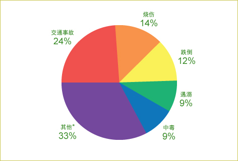 在全球所有非故意损伤死亡的原因中，交通事故所佔的比率为24%，烧伤佔的比率为14%，跌倒佔的比率为12%，遇溺佔的比率为9%，中毒佔的比率为9%，其他原因所佔的比率为33%。