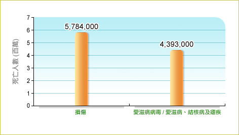 二零零四年，全球死於損傷的人數為5,784,000，而死於愛滋病病毒／愛滋病、結核病及瘧疾的人數為4,393,000。